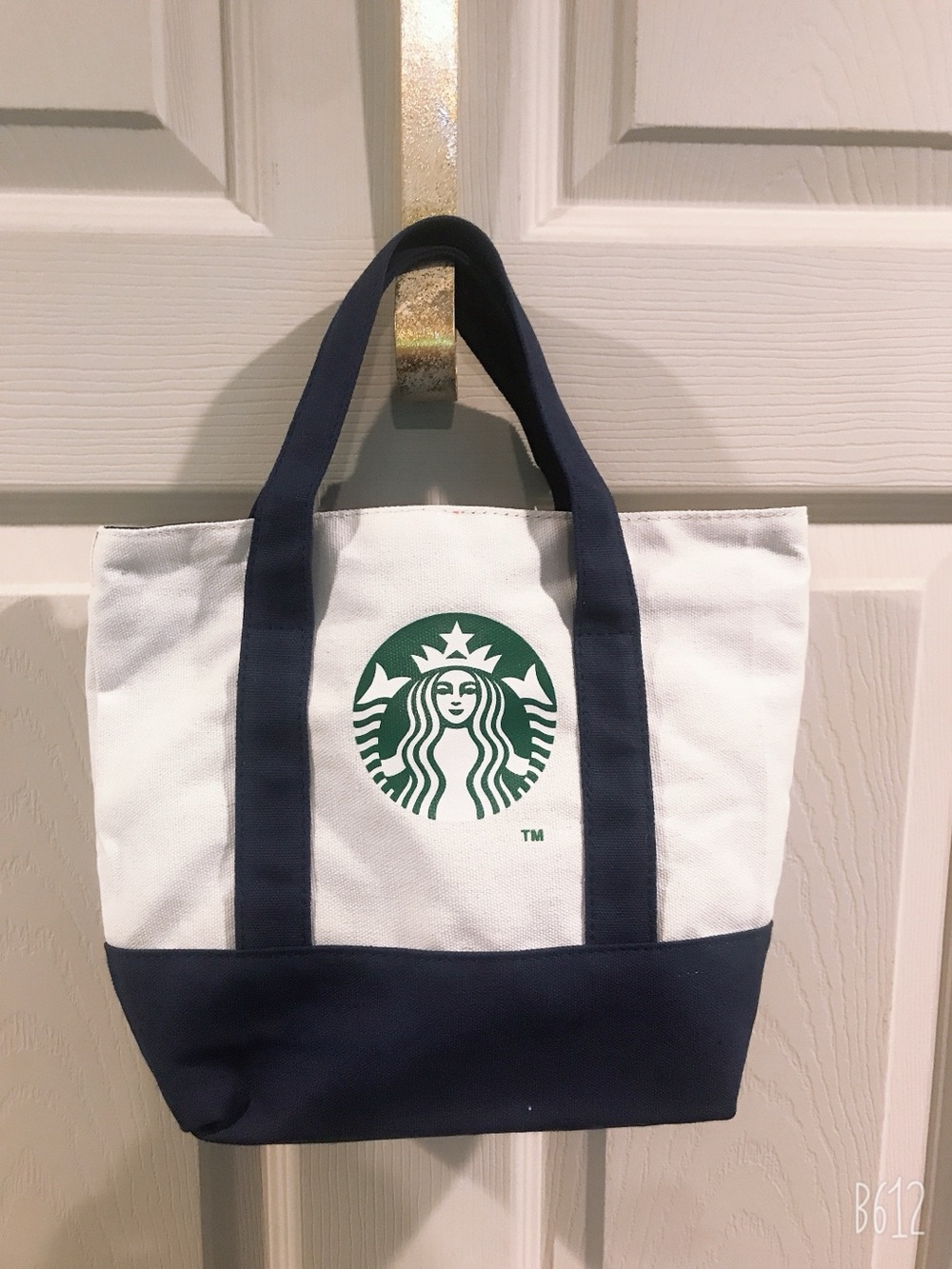 Starbucks White and Navy Canvas Duffel Tote with Green Logo